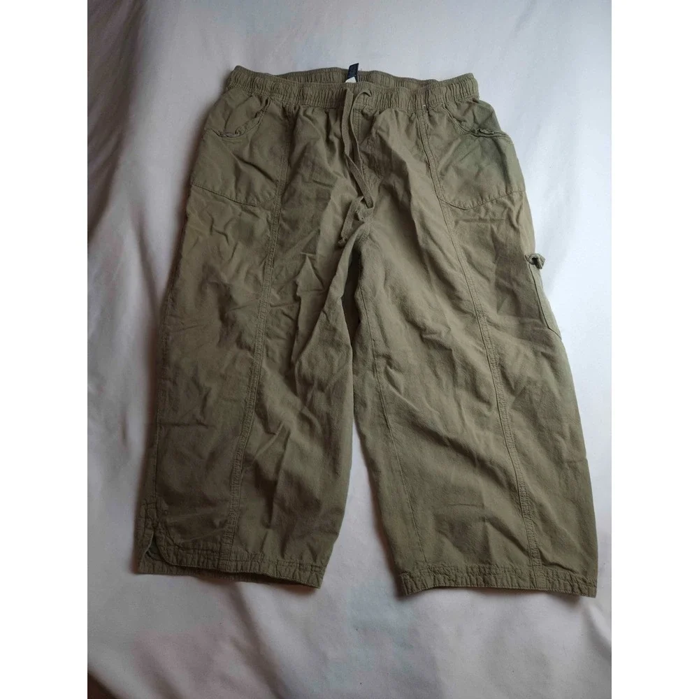 Karen Scott Cargo Utility Pants Womens XL Olive Green Cotton Drawstring Cropped